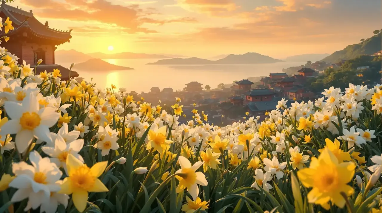 日本黄色电影在线观看主题背景——水仙白黄花海与闽南红砖古厝、台海晨雾